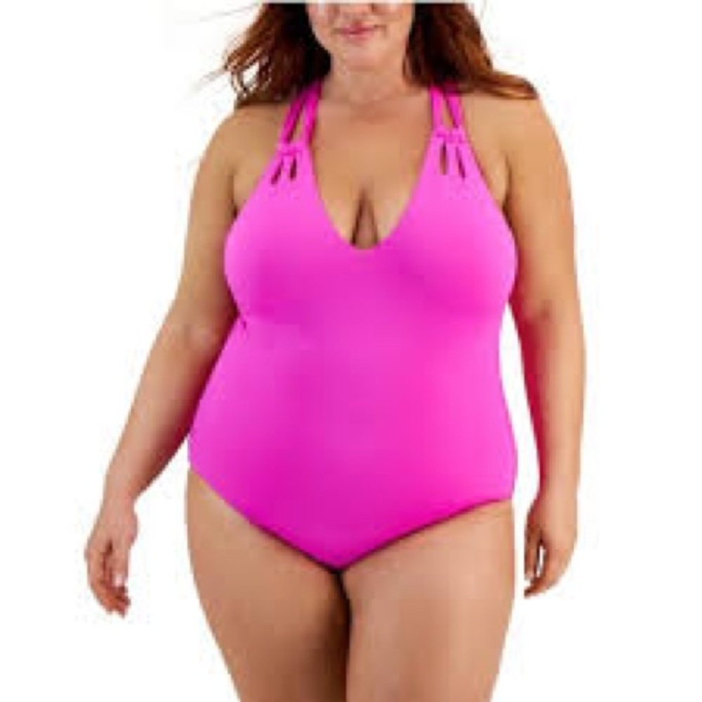 BECCA ETC Plus Size Hot Pink One Piece Swimsuit | Plunge Halter Sz 3X NWT